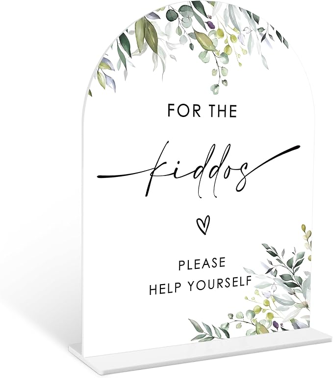 Greenery For the Kiddos Favors Sign, 6 x 8 Inch White Arch Acrylic Wedding Sign by Qoqxjodd