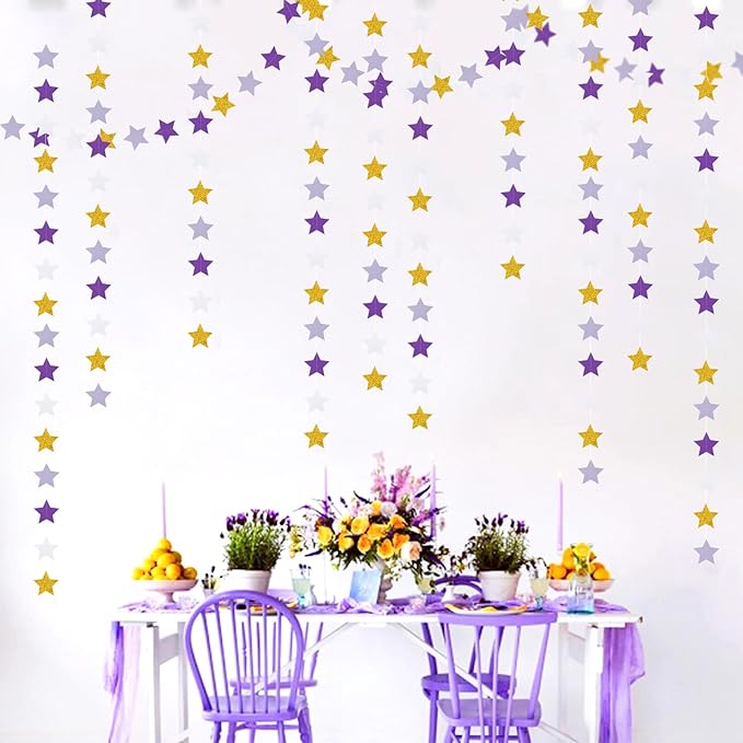 Purple-Lavender White-Gold Party-Decorations Star Garland - 62ft Streamers - Image 6
