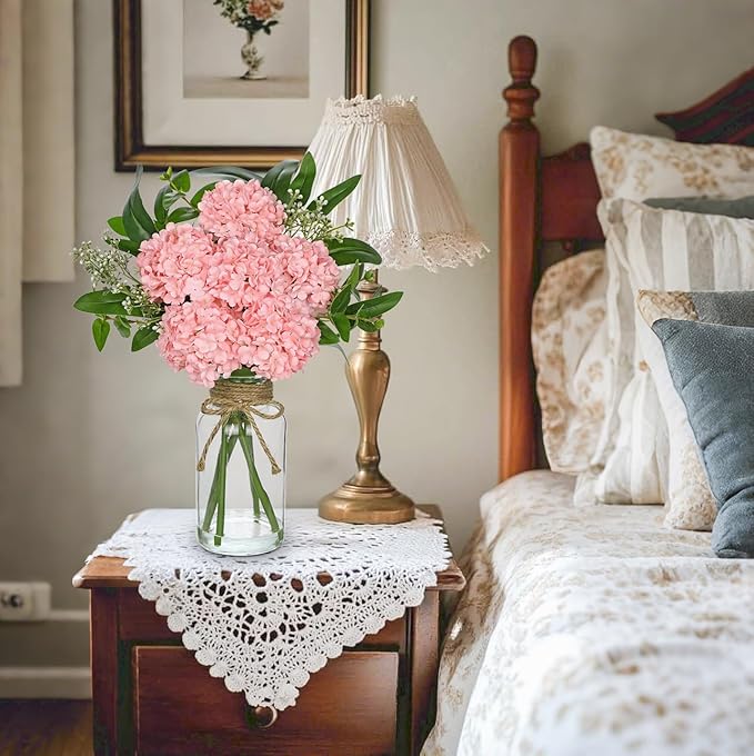 Hollyone Pink Hydrangea Artificial Flowers in Clear Glass Vase - Image 6