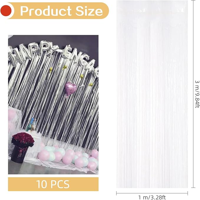 10 Pack White Foil Curtain Backdrop 3.2ft x 9.8ft Black Metallic Tinsel Foil - Image 3