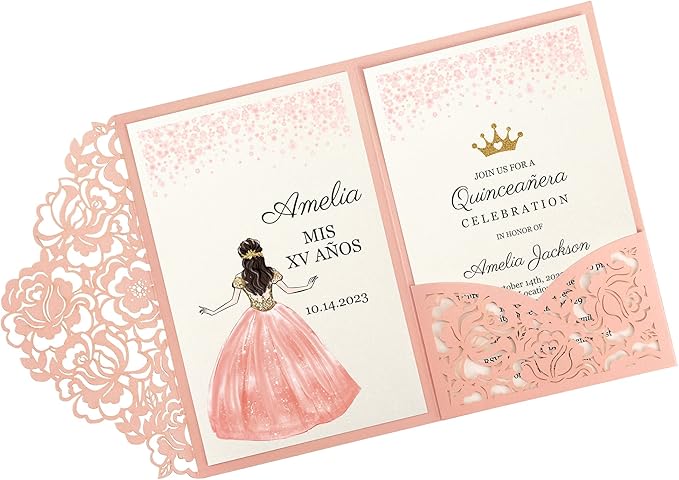 DORIS HOME 50pcs Laser Cut Quinceanera Invitations Pink, 4.7x7.1 Personalized by DorisHome