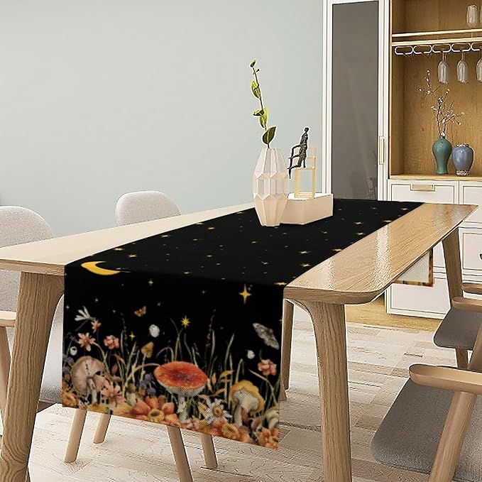 Mushroom Kitchen Table Runner, Gothic Moon Star Plants Witchy Moonlit Flower - Image 7