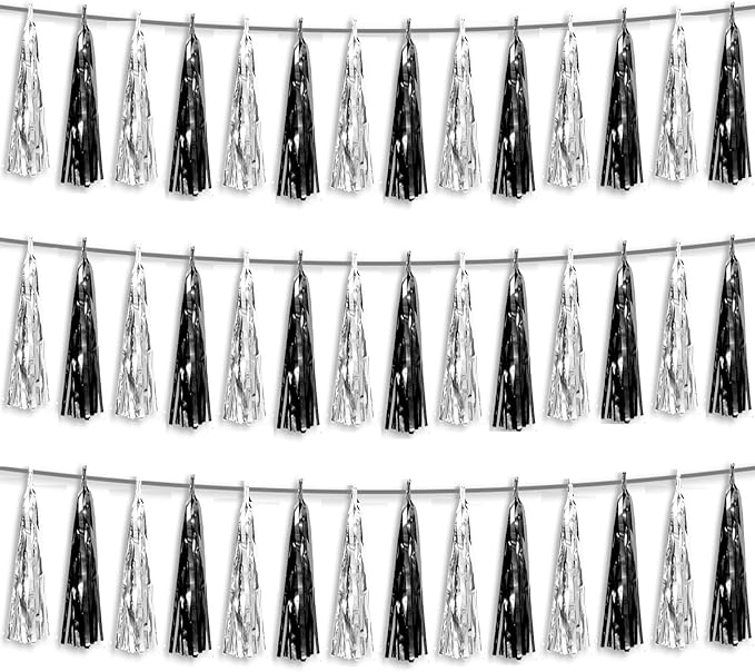 3P Black Silver Foil Fringe Metallic Tassel Streamers Banner Tassel Garland by HYSILLA