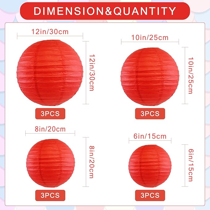 12Pcs Round Paper Lanterns Assorted Sizes - Image 2