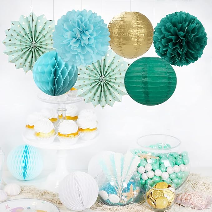 Sage-Green Teal-Blue Party-Decorations Streamers Lanterns - Image 6