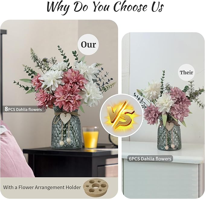 Fake Flowers in Vase, 8 Dahlias, Silk Artificial Flowers in Vase, Faux Flowers - Image 2