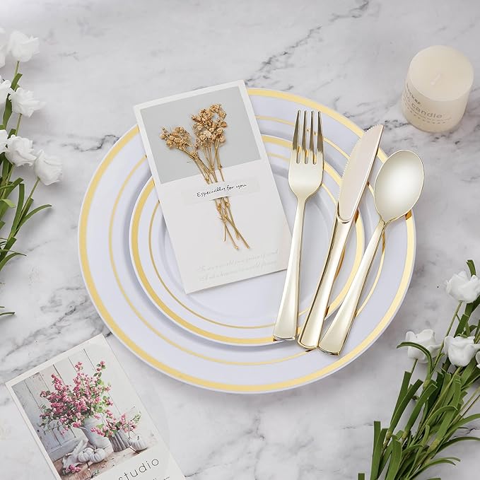 BESTVIP 300PCS Plastic Dinnerware Set, Anniversary, Includes: Dinner Plates - Image 2