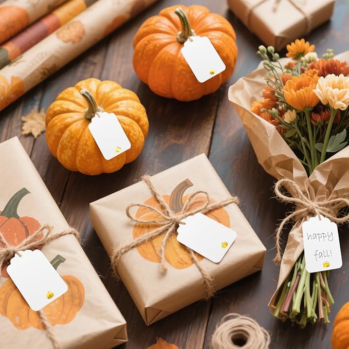 100 Pcs Blank Gift Tags with String Gold Foil Pumpkin Large White Paper Gift - Image 3