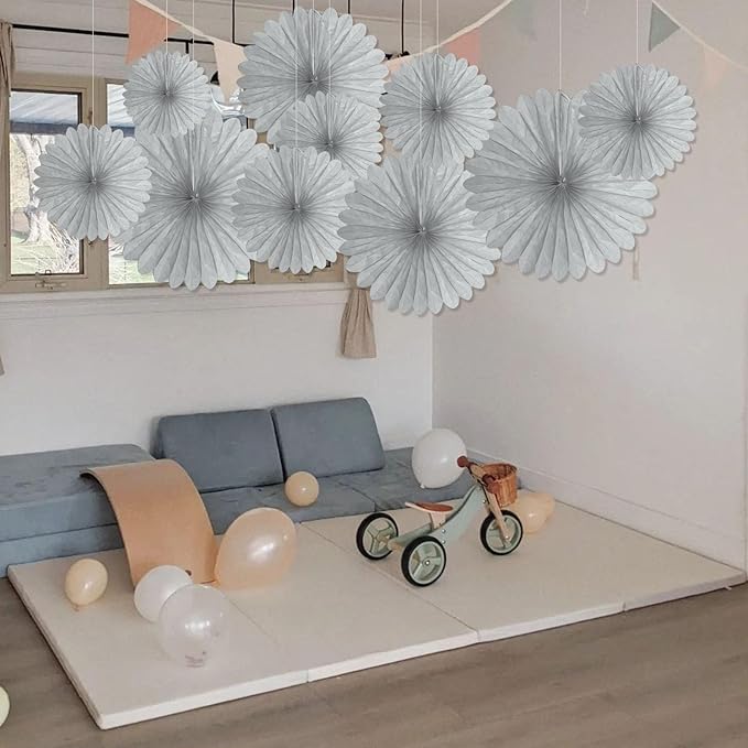 20 Pcs Silver Grey Hanging Paper Fan, Hanging Honeycomb Round Paper Fans - Image 6
