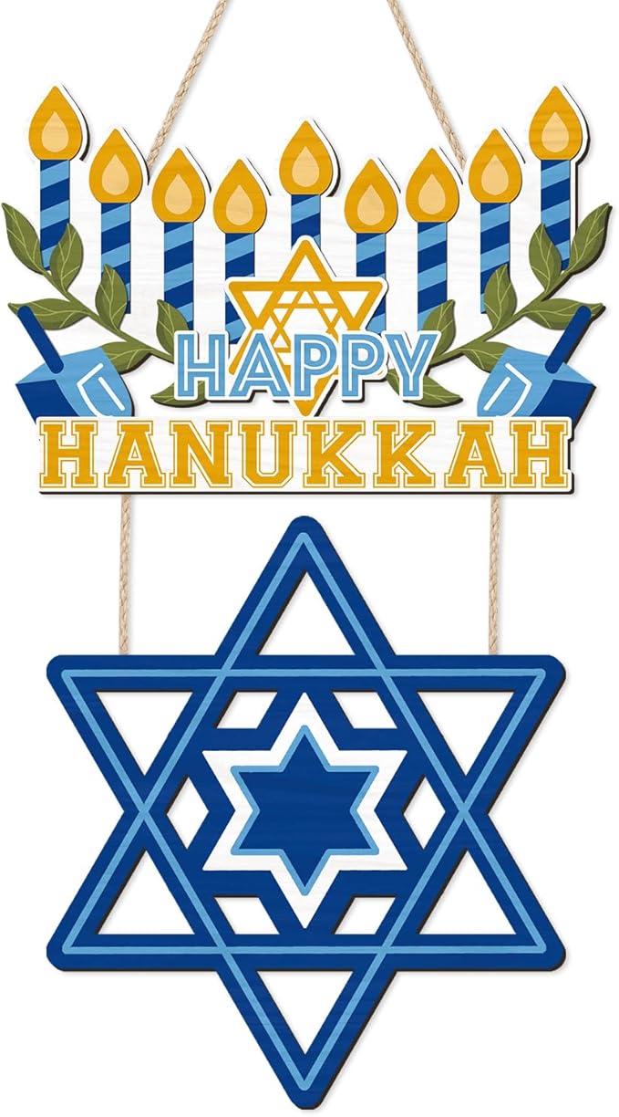 CHDITB Happy Hanukkah Shalom Front Door Sign, Wooden Jewish Festival of Light by CHDITB