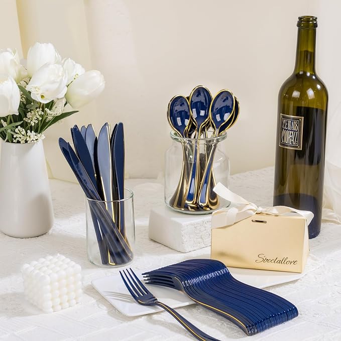 WDF 180PCS Blue Plastic Silverware -Blue and Gold Plastic Cutlery 60 Forks - Image 7