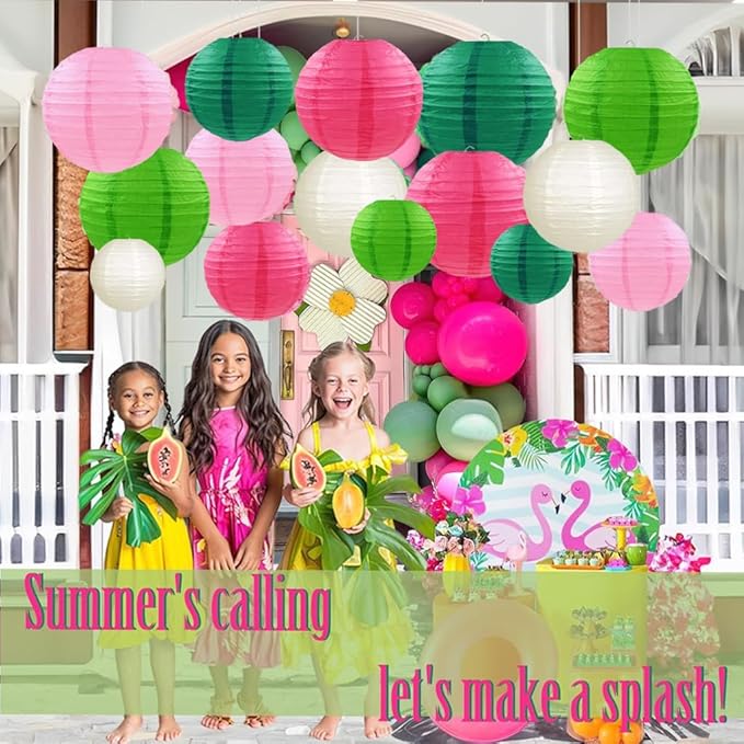 Pink Green Paper Lanterns Decorative 15pcs Party Hanging Decorations - Image 5