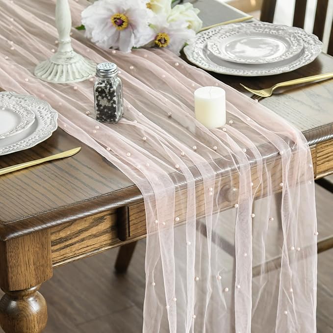 Artoid Mode Pearl Pink Gauze Table Runner 120 Inch 10FT, Seasonal Sheer Dining by ArtoidMode