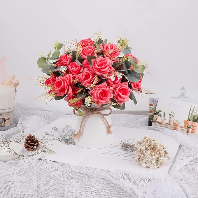 LESING Artificial Rose with Vase, Fake Silk Flowers Bouquets in Vase Table - Image 6