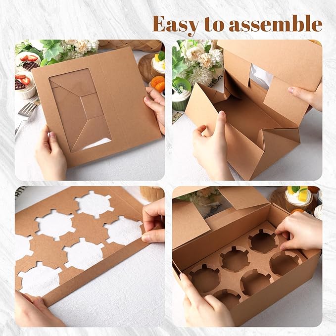 HANSGO 6 PCS Cupcake Boxes, 9.5x6.3x3.5 Inch Cupcake Containers Brown Pastry - Image 6