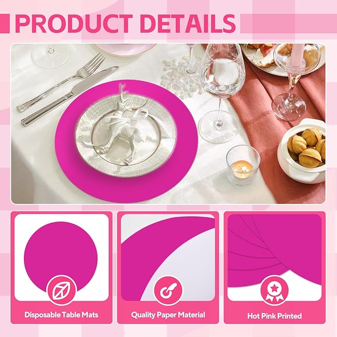 50 Pieces Hot Pink Paper Place Mats Round Disposable Table Mats Decorative - Image 4