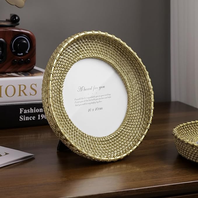 Cuspin Round Picture Frame 4x4 Vintage Gold Frames, Rattan Textured - Image 3