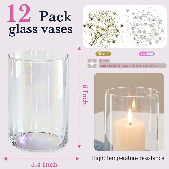 12pc Glass Cylinder Bud Vases for Centerpieces, 6 inch Tall Irised Crystal - Image 2