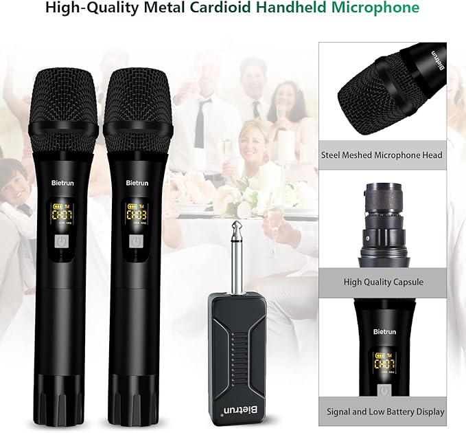 Wireless Microphone, Bietrun UHF Metal Dual Handheld Cordless Dynamic Mic System - Image 4