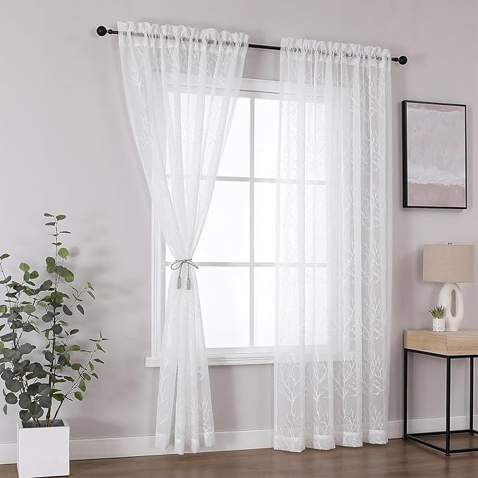 VISIONTEX Sheer Curtains 63 inch Length 2 Panels Set, Decorative White Coral - Image 3
