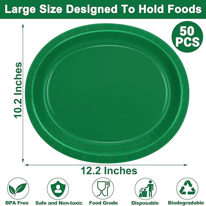 QZYL 50 Count Paper Plates, 12.2'' X 10.2'' Large Green Oval Plates, Daily - Image 2