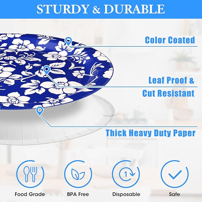 90 Pcs Paper Plates 8 Inch Bulk Thick Heavy Duty Disposable Plates Printed Blue - Image 5