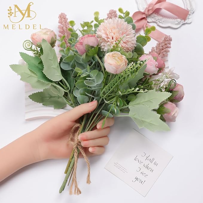 Meldel 3Pcs Rose Bouquet Pink Artificial Flowers Eucalyptus Plants Fake Silk - Image 4