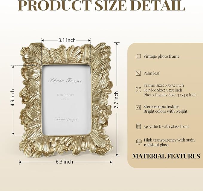 Cuspin Small Gold Picture Frame 3x5 Frames, Vintage Gold Palm Leaves Textured - Image 5