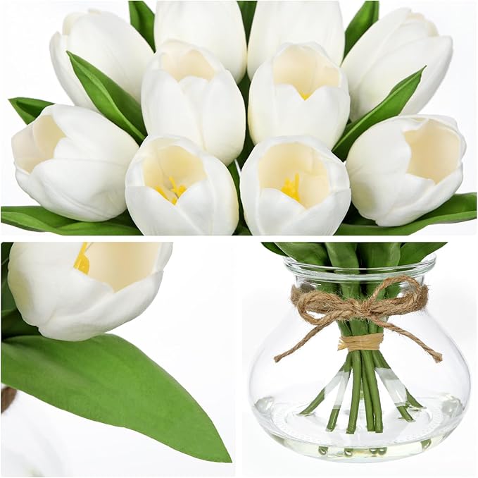 DILATATA Tulips Artificial Flowers in Vase White Fake Flowers Centerpiece - Image 3