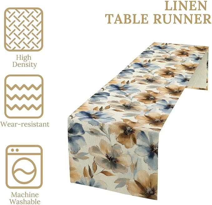 Poppy Floral Table Runner, Watercolor Brown Blue Flowers Blossom Summer Nature - Image 3