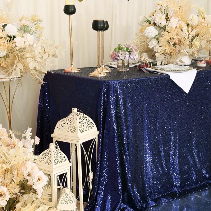 SquarePie Sequin Tablecloth 60 x 120 Inch Navy Blue Sparkly Table Linen - Image 7