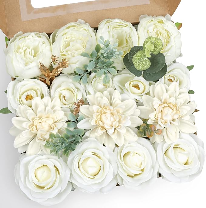 AmyHomie Ivory Artificial Flowers Combo Silk Mix Peony Rose Hydrangea Fake by AmyHomie