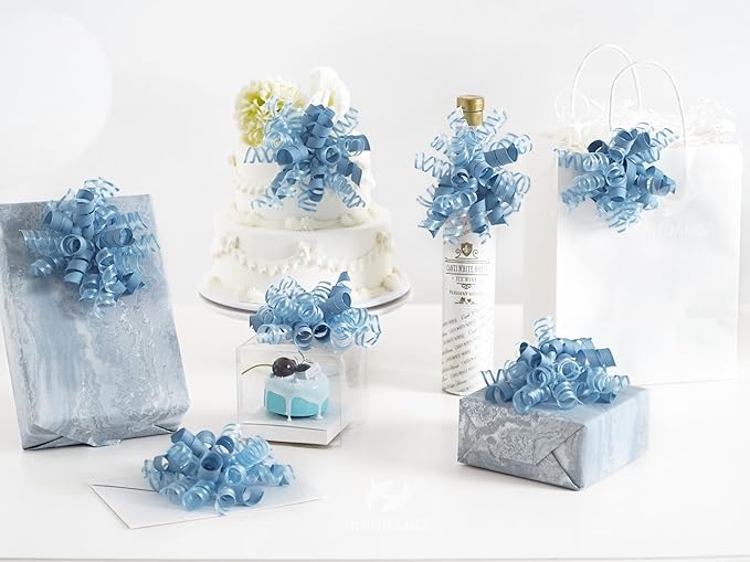 HUIHUANG Blue Gift Bows 5 inch x 8 Counts Dusty Blue Self-Adhesive Curly Ribbon - Image 4