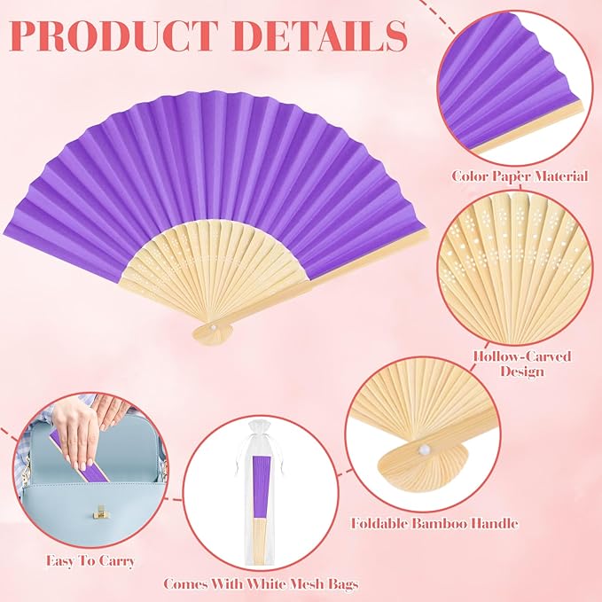 12 Pieces Purple Hand Held Bamboo Folding Fans Paper Fans Handheld - Image 3