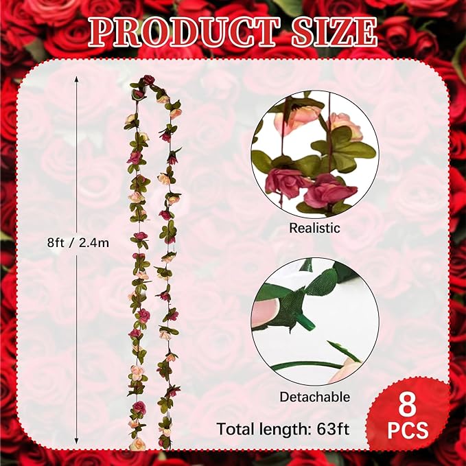 8Pcs 63Ft Dark Pink&Yellow Fake Rose Hanging Flowers, Artificial Flower Vine - Image 2