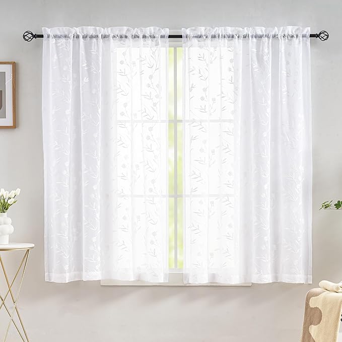 Sheer Curtains White 54 Inches Long Floral Embroidery Rod Pocket Voile Drapes - Image 2