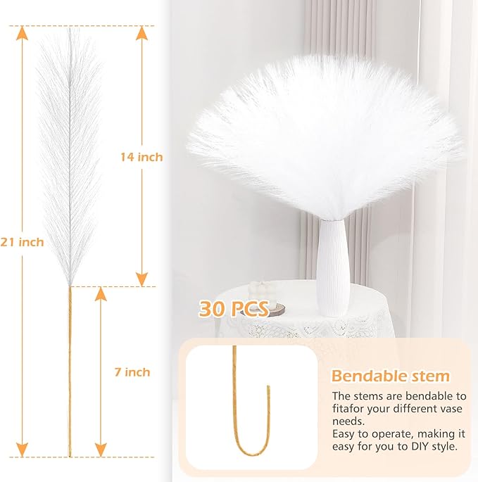 White Pampas Grass Decor 30 Pcs 21.7 Inch Faux Pampas Grass Bulk Artificial - Image 3