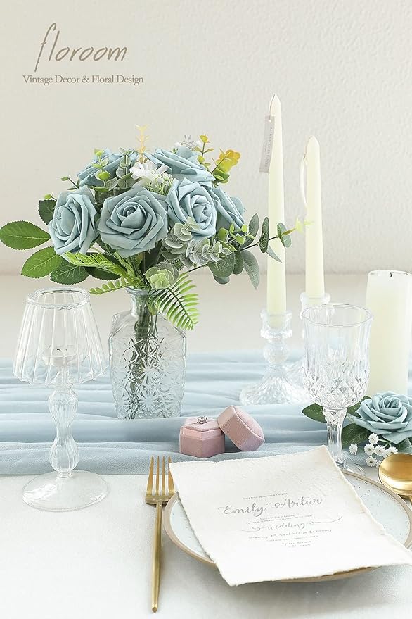 Floroom Artificial Flowers 25pcs Real Looking Dusty Blue Foam Fake Roses - Image 2