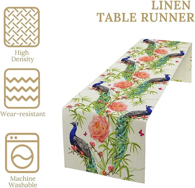 Peacock Table Runner, Seasonal Flower Plants Peacock Birds Table Runner - Image 4
