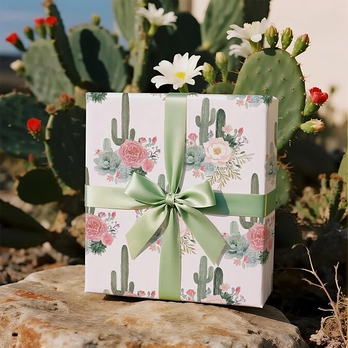 RUSPEPA Cactus Floral Wrapping Paper Roll, Mini Roll, Elegant Cacti and Roses - Image 3
