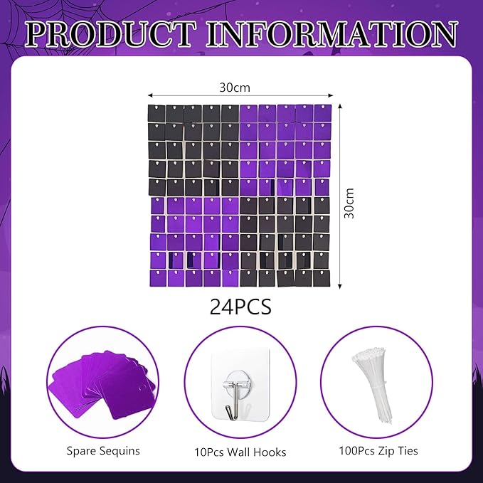 24PCS Black Purple Shimmer Wall Backdrop, Square Sequin Photo Backdrops Panel - Image 2