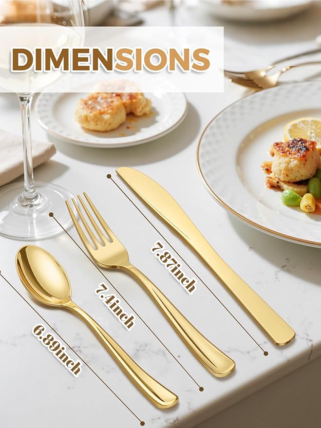 WDF 180 Pieces Disposable Plastic Gold Silverware Cutlery - Image 9