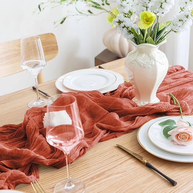 Asee'm 3pcs Cheesecloth Table Runner 120 Inches Long Terracotta Boho Gauze - Image 5
