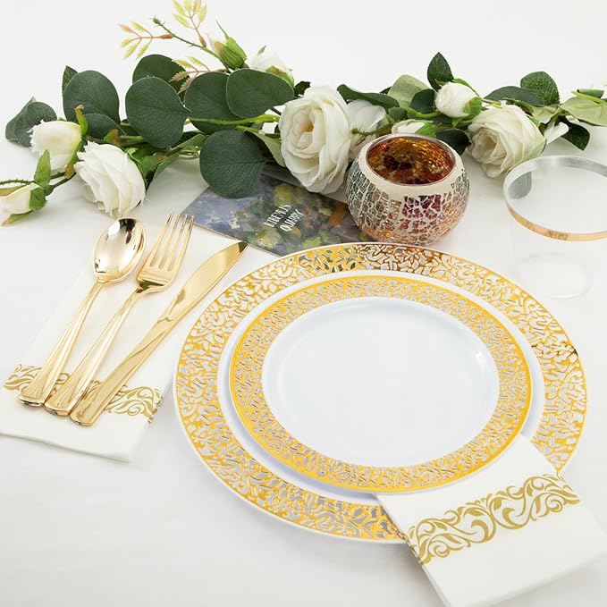 WELLIFE 350Pcs Gold Dinnerware Sets, Plates and Napkins Party Supplies - Image 4