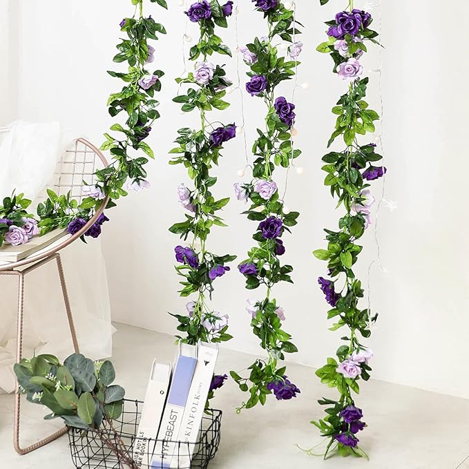 Veryhome 3PCS 23.7FT Artificial Purple Rose Flower Garland, Silk Hanging Floral - Image 2