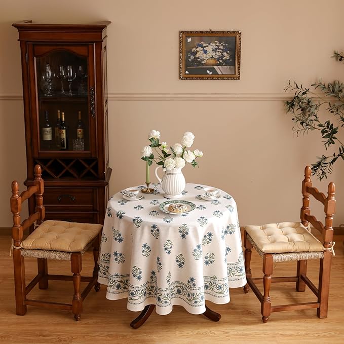 ISAENNE Designer White Linen Round Tablecloth, Chinoiserie Floral Elegant - Image 6