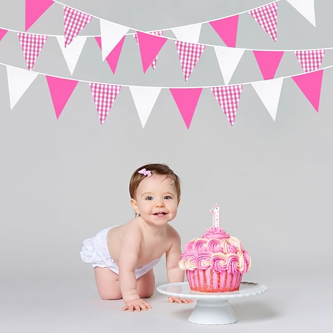 32Ft Hot Pink Party Decorations Pink Buffalo Plaid Checkered White Triangle - Image 4