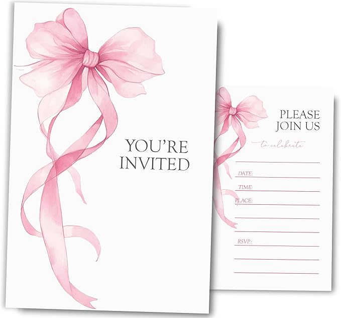 Pink Bow Birthday Invitations for Girls, Elegant Bow Birthday Party Invitaions - Image 7