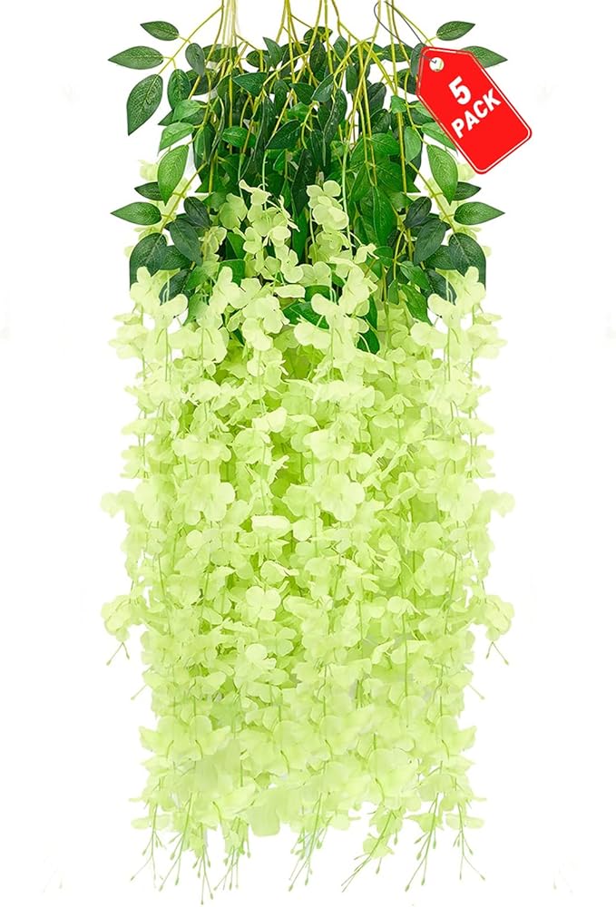 5 Pack Green Wisteria Hanging Flowers, 3.44 Ft Fake Hanging Flowers, Artificial by ZEBMOON
