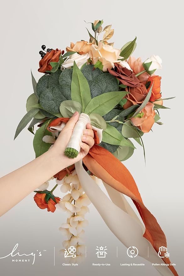 Ling's moment Terracotta Bridal Bouquet Cascading, 13 Inch Bride Bouquets - Image 4